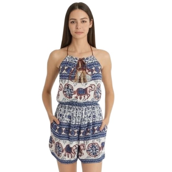 Womens Romper Blue White Elephant Print Sleeveless Boho Folk Art Festival - Picture 1 of 11